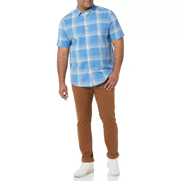 Amazon Essentials Mens ShortSleeve Stretch Poplin Shirt Available in Big amp TallBlue Peach Plaid