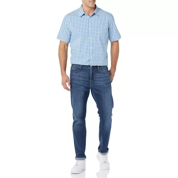 Amazon Essentials Mens ShortSleeve Stretch Poplin Shirt Available in Big amp TallLight Blue White Gingham