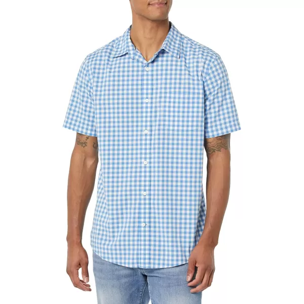 Amazon Essentials Mens ShortSleeve Stretch Poplin Shirt Available in Big amp TallLight Blue White Gingham