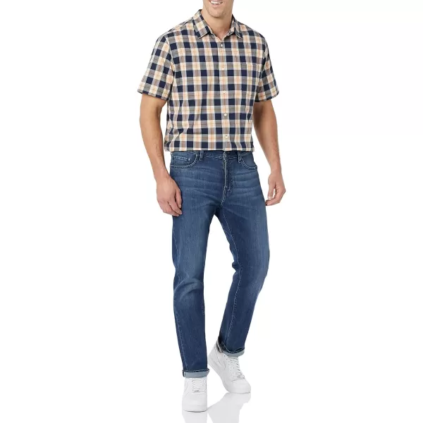 Amazon Essentials Mens ShortSleeve Stretch Poplin Shirt Available in Big amp TallNavyGold Plaid