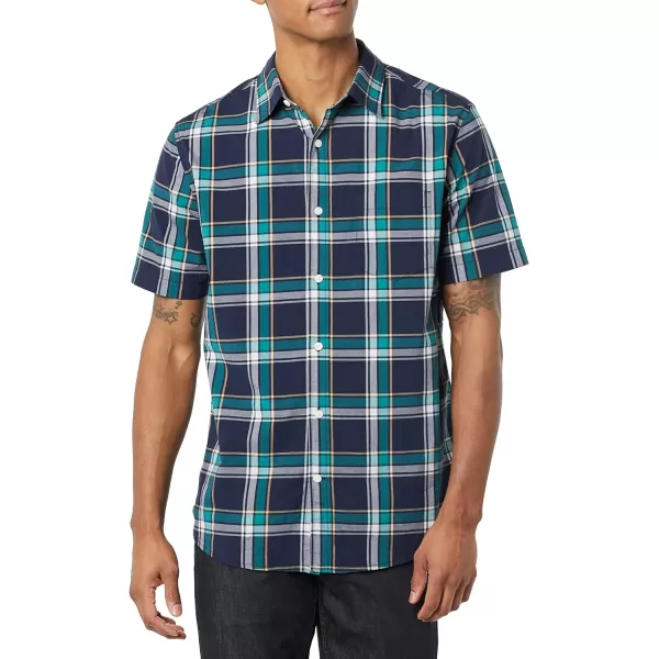 Amazon Essentials Mens ShortSleeve Stretch Poplin Shirt Available in Big amp TallNavyGreen Plaid