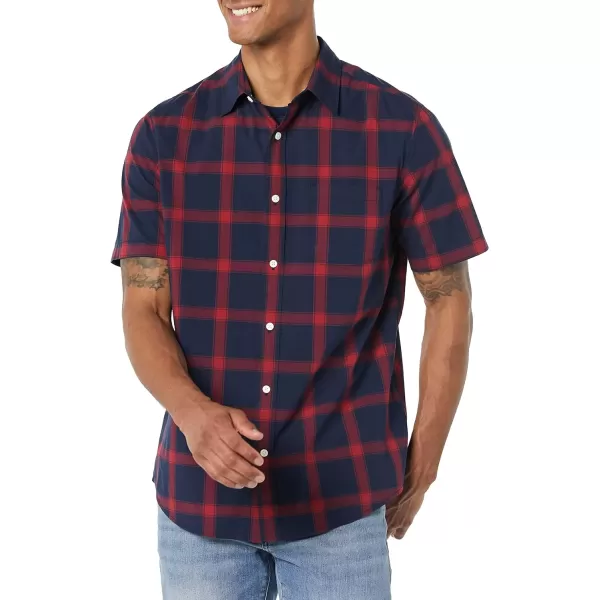 Amazon Essentials Mens ShortSleeve Stretch Poplin Shirt Available in Big amp TallNavyRed Buffalo Plaid