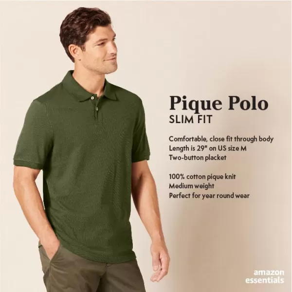 Amazon Essentials Mens SlimFit Cotton Pique Polo ShirtArmy Green