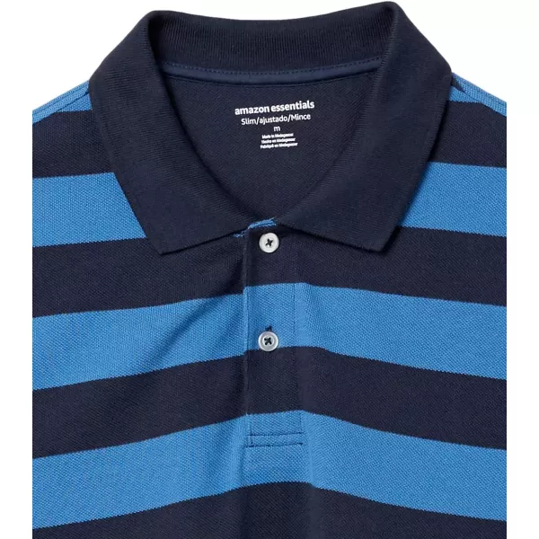 Amazon Essentials Mens SlimFit Cotton Pique Polo ShirtBlack Blue Stripe