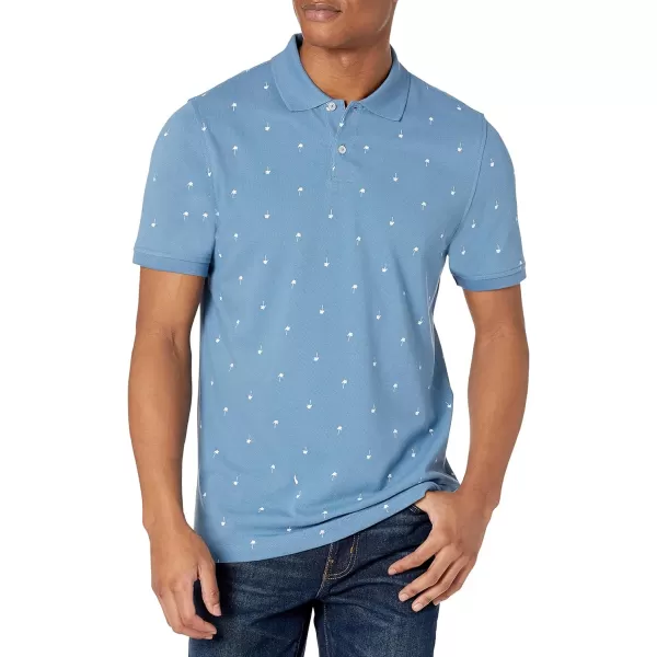 Amazon Essentials Mens SlimFit Cotton Pique Polo ShirtBlue Palm Tree Print