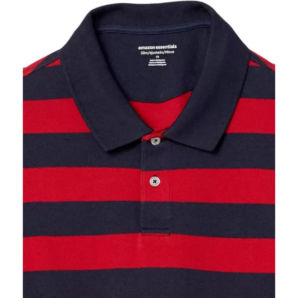 Amazon Essentials Mens SlimFit Cotton Pique Polo ShirtNavy Red Rugby Stripe