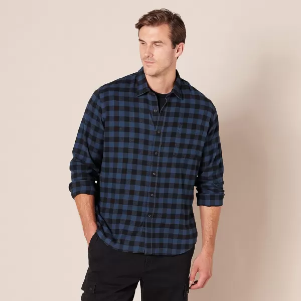 Amazon Essentials Mens SlimFit LongSleeve Flannel ShirtBlack Blue Buffalo Plaid