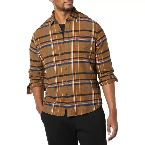 Amazon Essentials Mens SlimFit LongSleeve Flannel ShirtDark Brown Navy Stripe