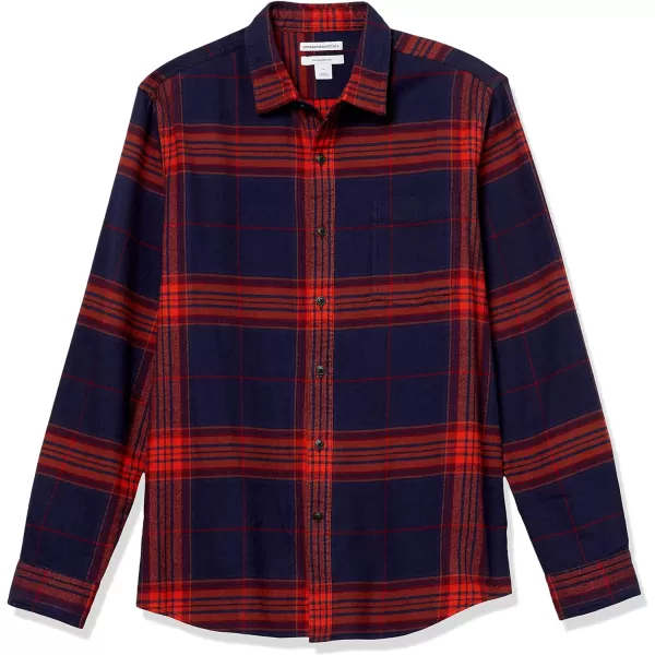 Amazon Essentials Mens SlimFit LongSleeve Flannel ShirtNavy Orange Large Plaid