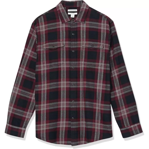 Amazon Essentials Mens SlimFit LongSleeve TwoPocket Flannel ShirtBlack Burgundy Plaid