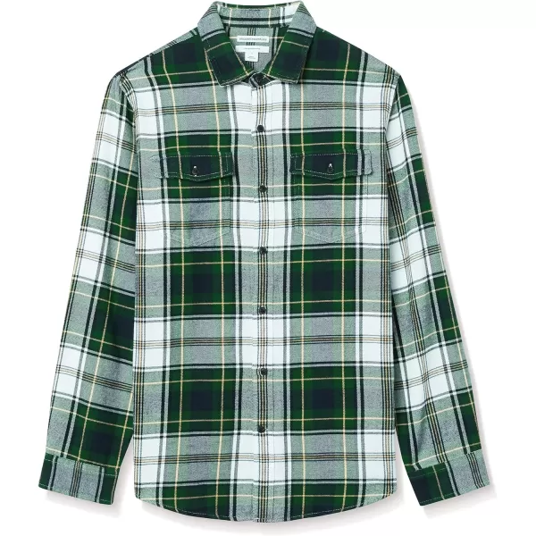 Amazon Essentials Mens SlimFit LongSleeve TwoPocket Flannel ShirtGreenIvory Plaid