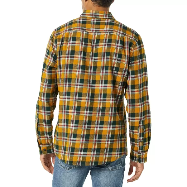 Amazon Essentials Mens SlimFit LongSleeve TwoPocket Flannel ShirtMustard Yellow Navy Plaid