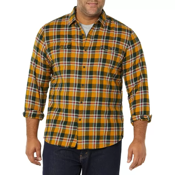 Amazon Essentials Mens SlimFit LongSleeve TwoPocket Flannel ShirtMustard Yellow Navy Plaid