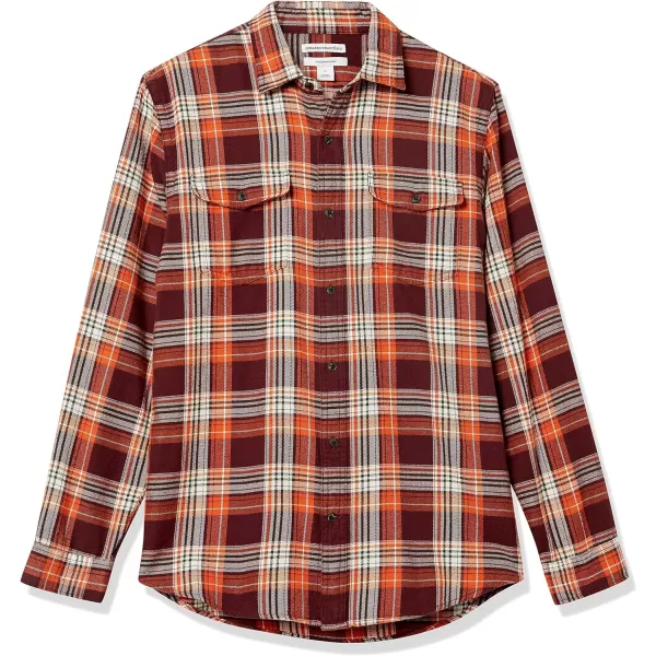 Amazon Essentials Mens SlimFit LongSleeve TwoPocket Flannel ShirtOrangeBurgundy Plaid