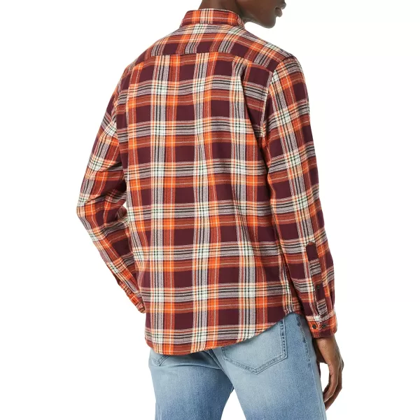 Amazon Essentials Mens SlimFit LongSleeve TwoPocket Flannel ShirtOrangeBurgundy Plaid