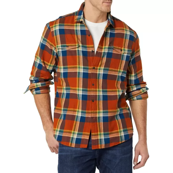 Amazon Essentials Mens SlimFit LongSleeve TwoPocket Flannel ShirtOrangeNavy Plaid