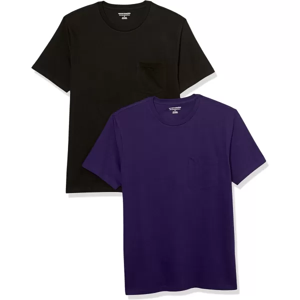 Amazon Essentials Mens SlimFit ShortSleeve Crewneck Pocket TShirt Pack of 2BlackDark Purple Pocket