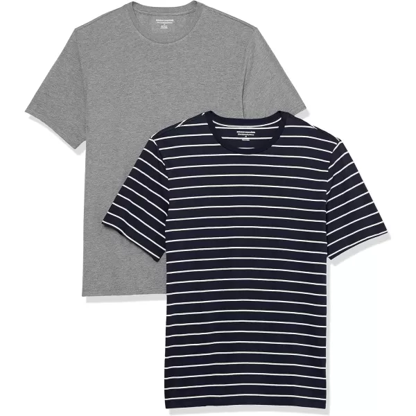 Amazon Essentials Mens SlimFit ShortSleeve Crewneck Pocket TShirt Pack of 2Grey HeatherNavy Stripe