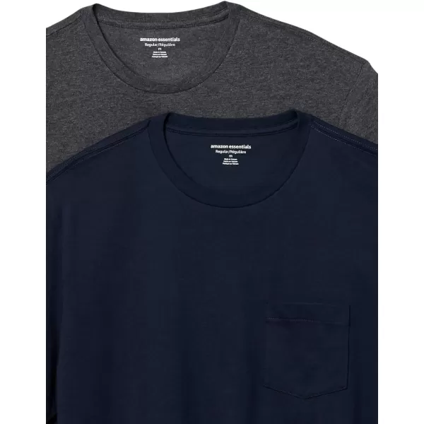 Amazon Essentials Mens SlimFit ShortSleeve Crewneck Pocket TShirt Pack of 2NavyCharcoal Heather Pocket