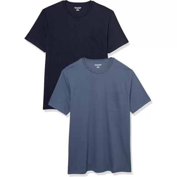 Amazon Essentials Mens SlimFit ShortSleeve Crewneck Pocket TShirt Pack of 2NavyDark Blue Pocket