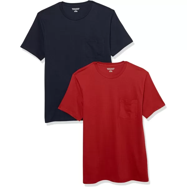 Amazon Essentials Mens SlimFit ShortSleeve Crewneck Pocket TShirt Pack of 2NavyDark Red Pocket