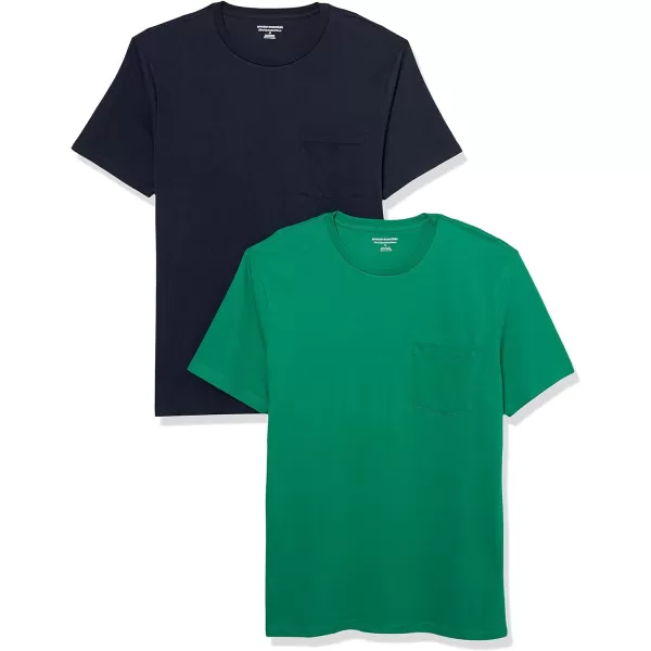 Amazon Essentials Mens SlimFit ShortSleeve Crewneck Pocket TShirt Pack of 2NavyGreen Pocket