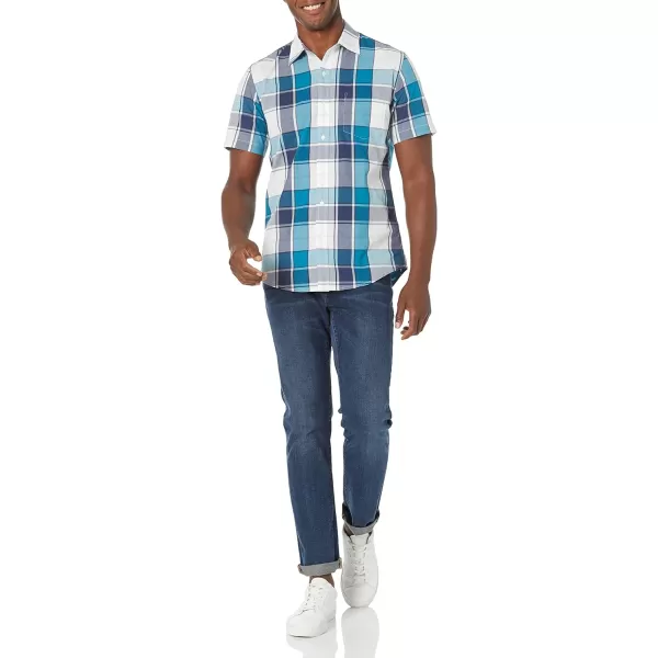 Amazon Essentials Mens SlimFit ShortSleeve Poplin ShirtBlue White Large Plaid