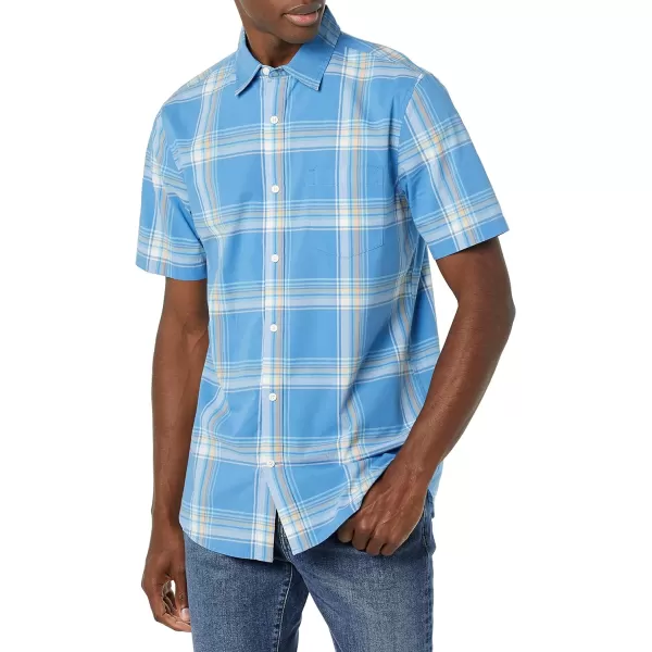 Amazon Essentials Mens SlimFit ShortSleeve Poplin ShirtLight Blue Indigo Plaid