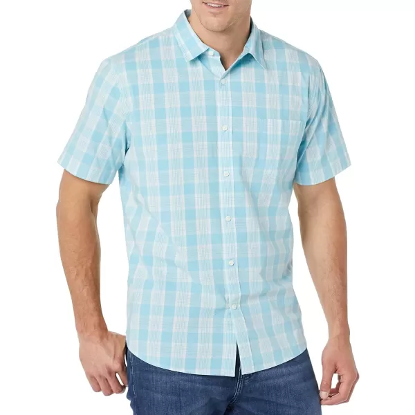 Amazon Essentials Mens SlimFit ShortSleeve Poplin ShirtLight Blue White Plaid