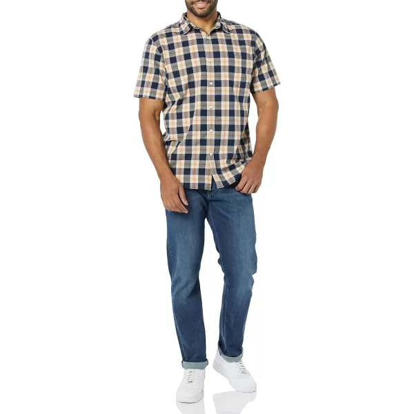 Amazon Essentials Mens SlimFit ShortSleeve Poplin ShirtNavy Gold Plaid