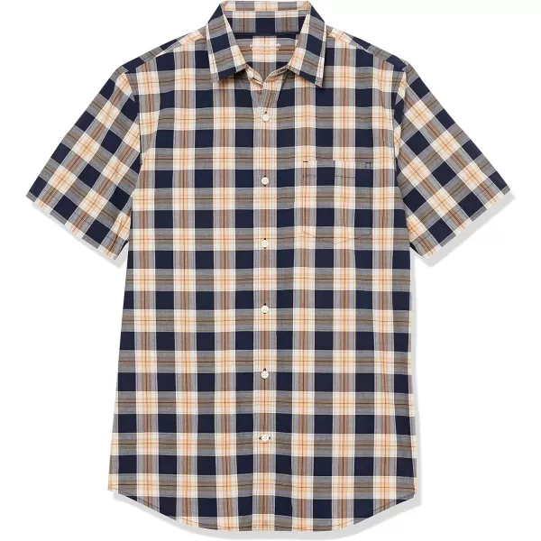 Amazon Essentials Mens SlimFit ShortSleeve Poplin ShirtNavy Gold Plaid