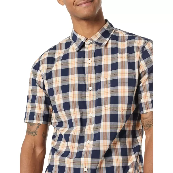 Amazon Essentials Mens SlimFit ShortSleeve Poplin ShirtNavy Gold Plaid