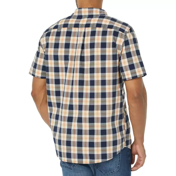 Amazon Essentials Mens SlimFit ShortSleeve Poplin ShirtNavy Gold Plaid