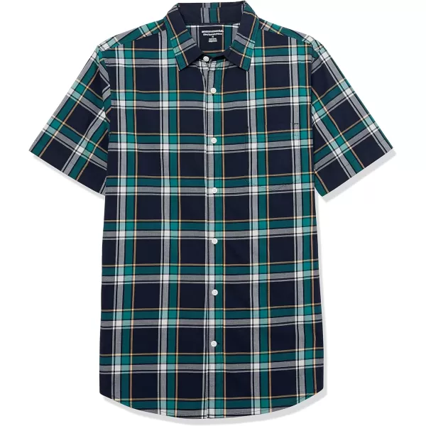 Amazon Essentials Mens SlimFit ShortSleeve Poplin ShirtNavy Green Plaid