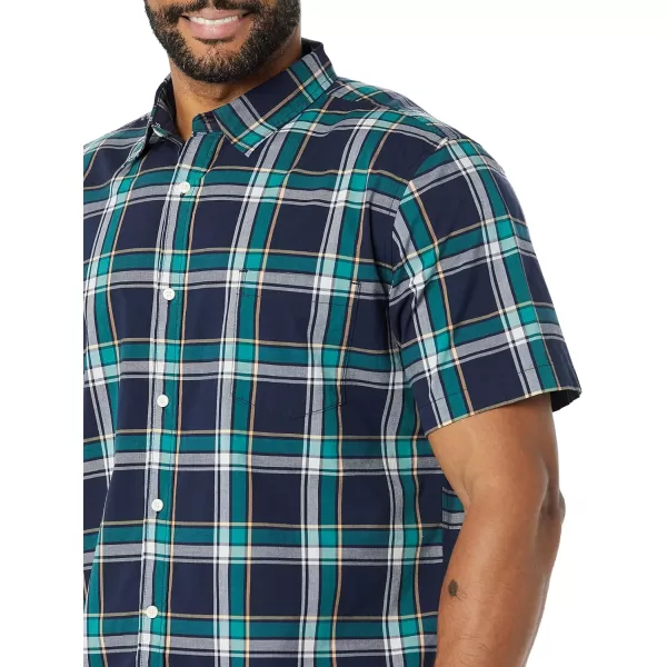 Amazon Essentials Mens SlimFit ShortSleeve Poplin ShirtNavy Green Plaid