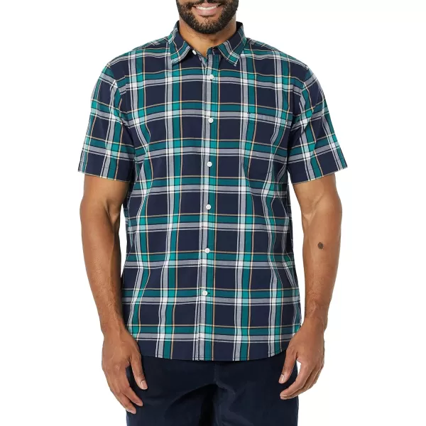 Amazon Essentials Mens SlimFit ShortSleeve Poplin ShirtNavy Green Plaid