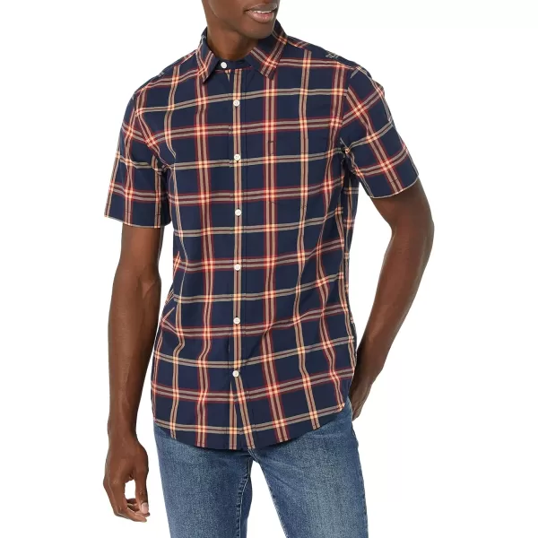 Amazon Essentials Mens SlimFit ShortSleeve Poplin ShirtNavy Red Plaid