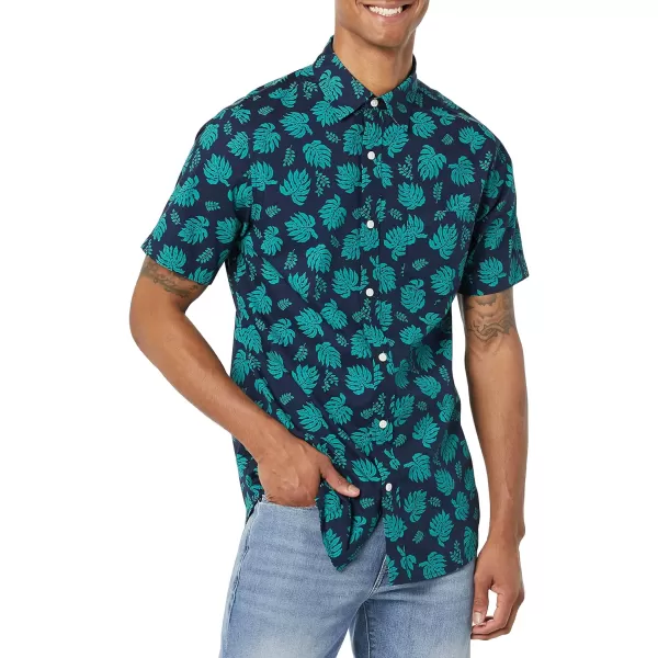 Amazon Essentials Mens SlimFit ShortSleeve Poplin ShirtNavy Teal Blue Palm Tree