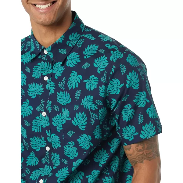 Amazon Essentials Mens SlimFit ShortSleeve Poplin ShirtNavy Teal Blue Palm Tree