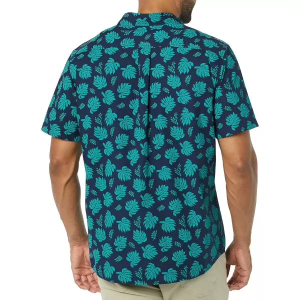 Amazon Essentials Mens SlimFit ShortSleeve Poplin ShirtNavy Teal Blue Palm Tree