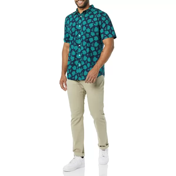 Amazon Essentials Mens SlimFit ShortSleeve Poplin ShirtNavy Teal Blue Palm Tree