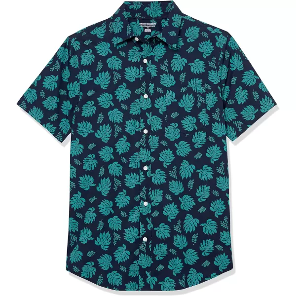 Amazon Essentials Mens SlimFit ShortSleeve Poplin ShirtNavy Teal Blue Palm Tree