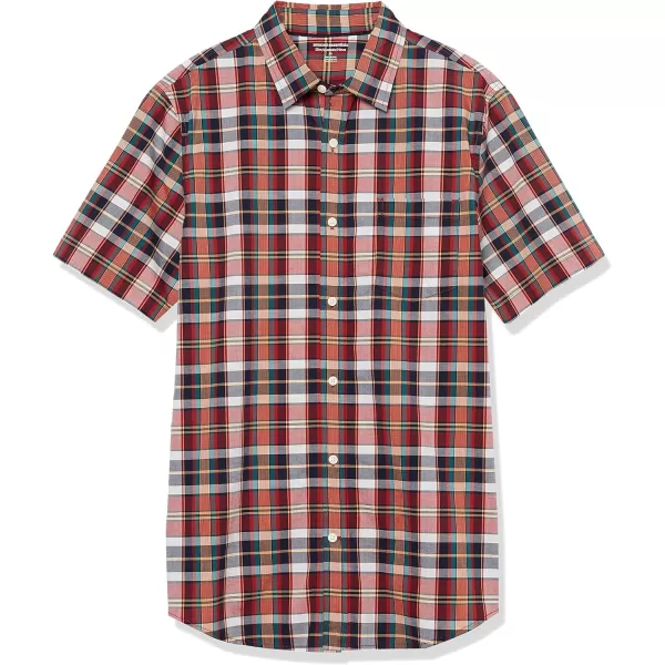 Amazon Essentials Mens SlimFit ShortSleeve Poplin ShirtRed Navy White Plaid