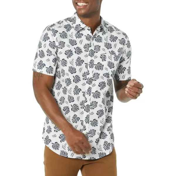 Amazon Essentials Mens SlimFit ShortSleeve Poplin ShirtWhite Navy Palm Tree