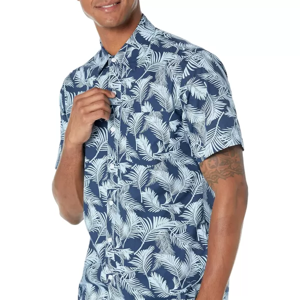 Amazon Essentials Mens SlimFit ShortSleeve Print ShirtAqua Blue Navy Palm Leaf