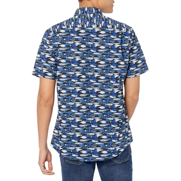 Amazon Essentials Mens SlimFit ShortSleeve Print ShirtBlue Fish