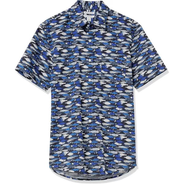 Amazon Essentials Mens SlimFit ShortSleeve Print ShirtBlue Fish