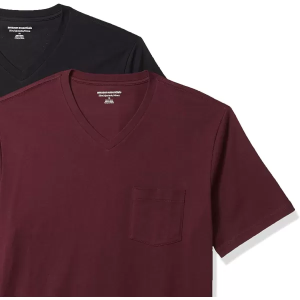 Amazon Essentials Mens SlimFit ShortSleeve VNeck Pocket TShirt Pack of 2BurgundyBlack