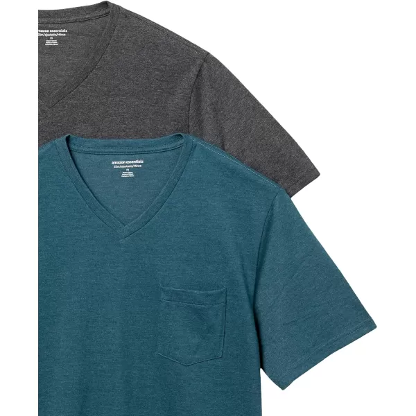 Amazon Essentials Mens SlimFit ShortSleeve VNeck Pocket TShirt Pack of 2Teal BlueCharcoal Heather