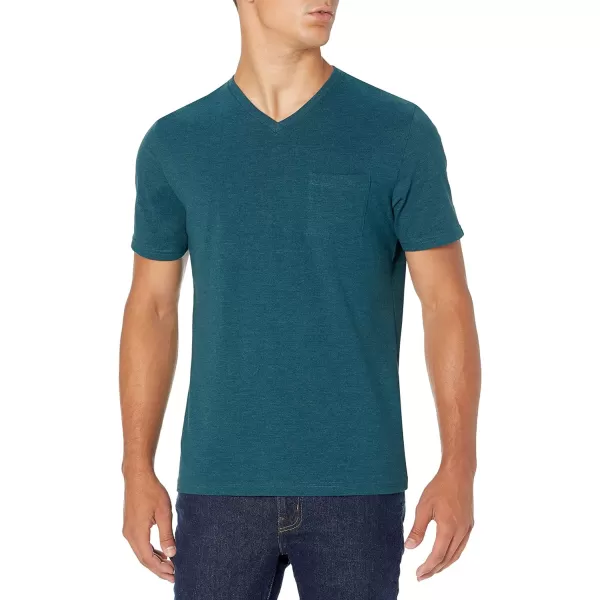 Amazon Essentials Mens SlimFit ShortSleeve VNeck Pocket TShirt Pack of 2Teal BlueCharcoal Heather